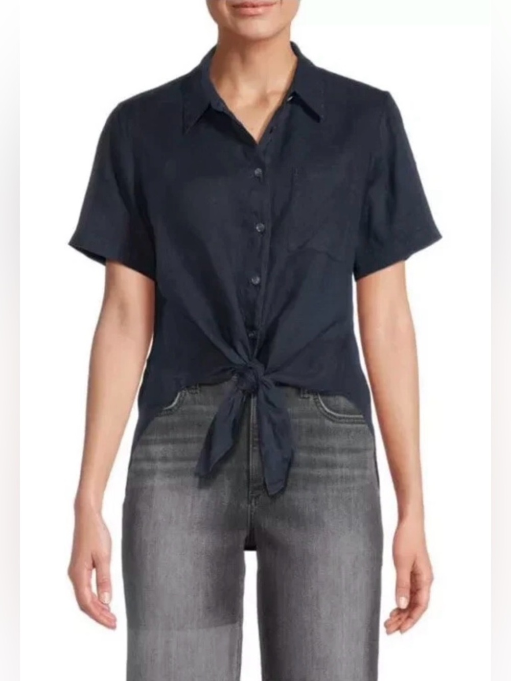 Theory Navy Short-Sleeve Button-Front Tie Shirt